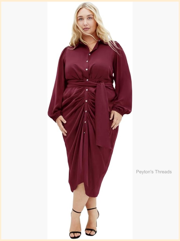 Plus Size Collared Midi Dress With Elastic Cuffs